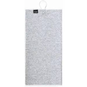A grey towel hanging with a loop for easy storage. The towel features a soft fabric texture.