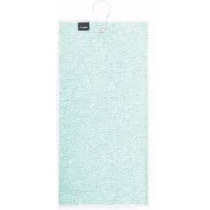A mint green promotional product with a textured surface and a hanger tag. It features a logo.