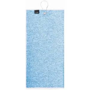 A blue promotional towel with a loop for hanging and a small branding label at the top.