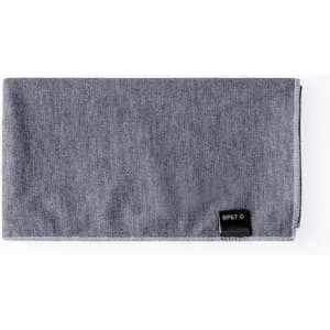 A grey microfiber cloth featuring a black logo, neatly folded for storage.