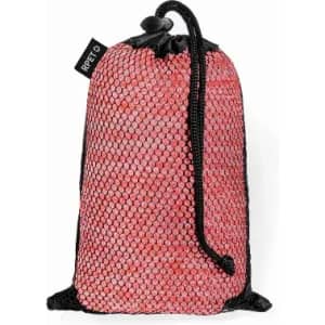 A drawstring bag in red mesh with black accents and a logo at the top.
