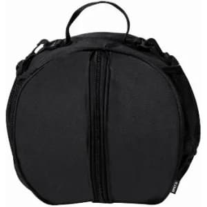 A round black bag with a zipper and a handle on top, featuring mesh side pockets.