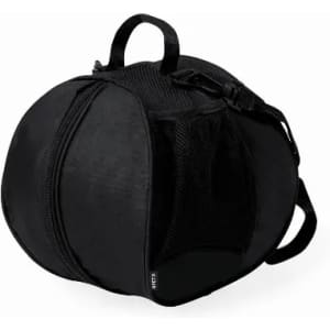 A black promotional bag with a rounded shape, featuring a mesh pocket and carrying handle. It includes a zipper closure.