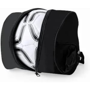 A black soccer ball bag with a zippered compartment, holding a white soccer ball inside.