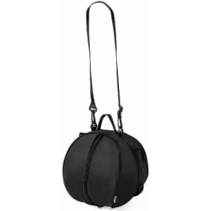 A black bag with a round shape and detachable strap, featuring zippered compartments and a handle.