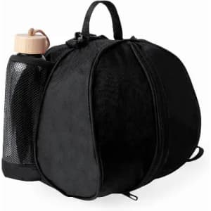 A black bag with a mesh pocket, featuring a drink bottle with a wooden lid attached.