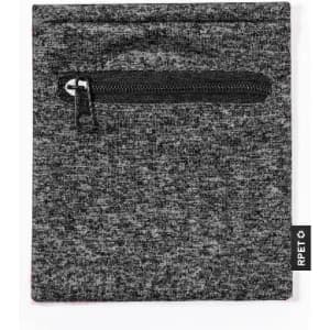 A grey fabric pouch featuring a zippered pocket and a small logo tag on the side.