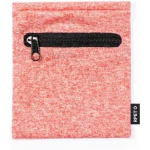 A pouch in a red heather fabric with a black zippered pocket and a label on the side.