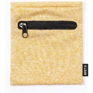 A zippered pouch in a textured yellow fabric, featuring a black zipper and a small logo on the side.