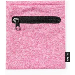 A pink pouch with a black zip pocket and a small logo tag on the side.