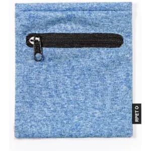A pouch in blue fabric with a black zip pocket and a logo tag on the side.