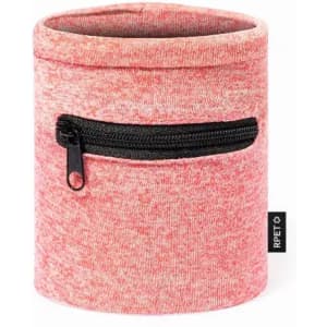 A pink and grey fabric container with a zip pocket, featuring a small logo on the side.