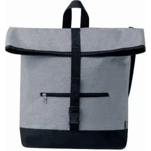 A backpack featuring a grey fabric exterior with a black bottom, adjustable straps, and a front zip pocket.