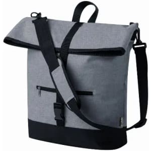A grey and black shoulder bag with a flap and adjustable strap, featuring a front zip pocket and a logo.