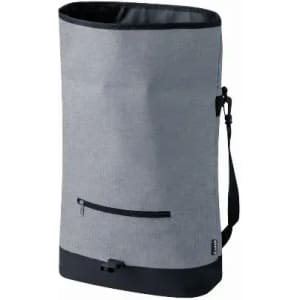 A grey drink bottle with a black base, featuring a zip pocket and an adjustable strap. It has a logo on the side.