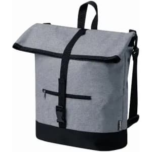 A grey and black backpack featuring a roll-top design, adjustable straps, and a front zip pocket.