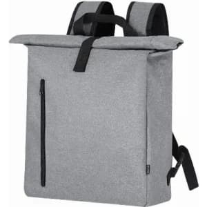 A backpack featuring a roll-top design in grey, with adjustable straps and a front zip pocket.