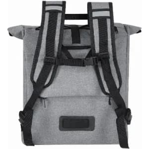 A grey backpack with adjustable straps and a roll-top closure. It features a logo on the front.