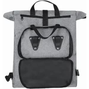 A grey backpack with a front black pouch and mounting clips, featuring a top handle and adjustable straps.