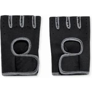 A pair of black workout gloves with grey accents, featuring fingerless design and wrist cutouts.