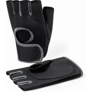 A pair of black exercise gloves with grey accents, featuring open fingers and padded areas for grip.