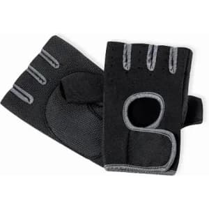 A pair of black exercise gloves with grey accents and padded palms. Features are half-finger design and adjustable straps.