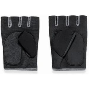 A pair of black fitness gloves with grey detailing and exposed fingers, featuring a padded palm for grip.