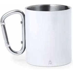 A drink bottle with a silver carabiner handle and a sleek white body, featuring a stainless steel interior.