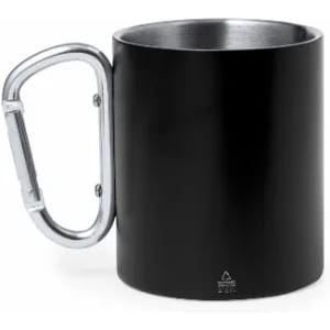 A drink bottle with a black exterior and a silver carabiner handle, featuring a stainless steel interior.