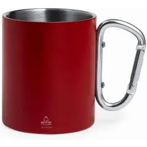 A drink bottle in a deep red colour featuring a silver carabiner handle and a stainless steel interior.