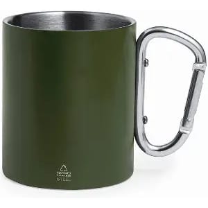 A drink bottle in olive green with a stainless steel interior and a carabiner-style handle.