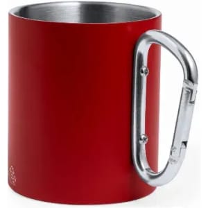 A drink bottle in red with a metallic finish and a silver carabiner-style handle. It features a simple, sleek design.