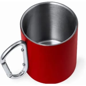 A drink bottle in bright red with a silver metallic interior and a carabiner handle. It features a logo.