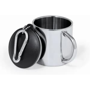 A drink bottle in stainless steel with a black lid and a carabiner clip attached for easy carrying.