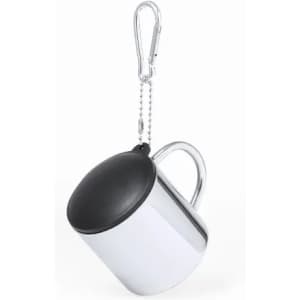 A drink bottle with a shiny silver body and a black cap, attached to a chain and clip.
