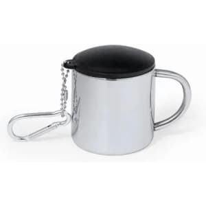 A drink bottle designed with a shiny silver finish and a black lid, featuring a chain and carabiner attachment.