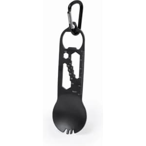 A black multi-tool featuring a spoon, fork, and measuring scale, with a carabiner for attachment.