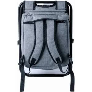 A backpack in grey fabric with adjustable straps and a black frame. Features multiple storage pockets.