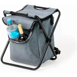 A grey insulated cooler bag with a handle and a bottle of water and a wine bottle in the front pocket.