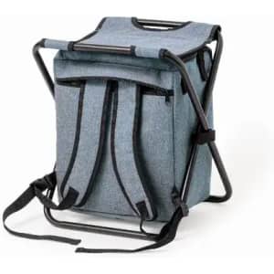 A drink bottle styled bag in blue fabric with black trim, featuring a foldable design and multiple compartments.
