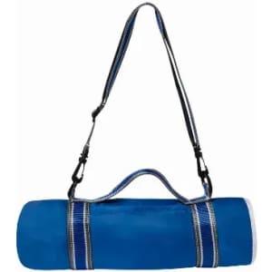 A blue yoga mat with a carrying strap and handles, featuring a smooth surface and grey accents.