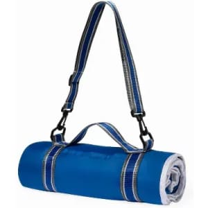 A rolled-up blue mat with a detachable strap, featuring black and silver detailing. It has a handle for easy carrying.