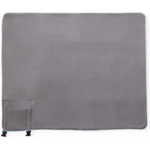 A grey promotional mat with adjustable straps on one side and a soft texture, featuring a simple design.