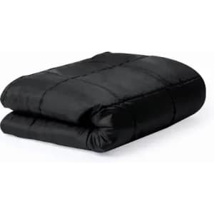 A folded black blanket featuring a quilted design, showcasing a smooth fabric texture.