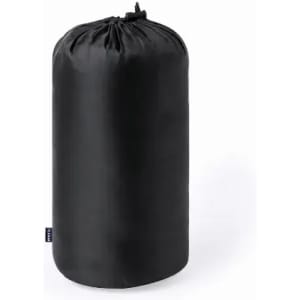 A black cylindrical storage bag with a drawstring closure and a small logo tag.