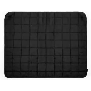 A black quilted blanket with a grid pattern, featuring even squares and a smooth texture.