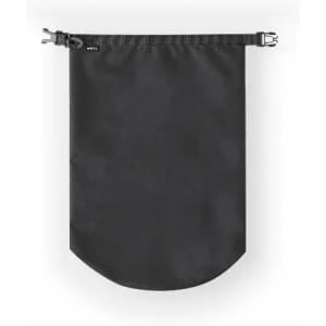 A waterproof bag in black, featuring a secure closure and clips for fastening. Ideal for keeping contents dry.