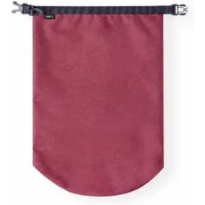 A drink bottle in a deep burgundy colour with a black fastening strap. It features a logo on the body.