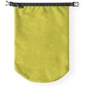 A yellow storage bag with a black strap and buckle closure. It features a branded logo.