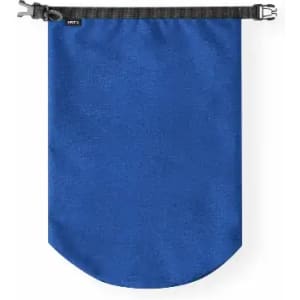 A drink bottle in a bright blue colour with a black drawstring closure and a logo.